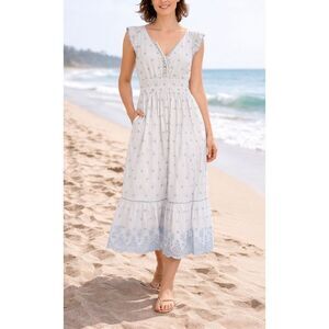 Rachel Zoe white eyelet ruffle sleeve midi dress size 6